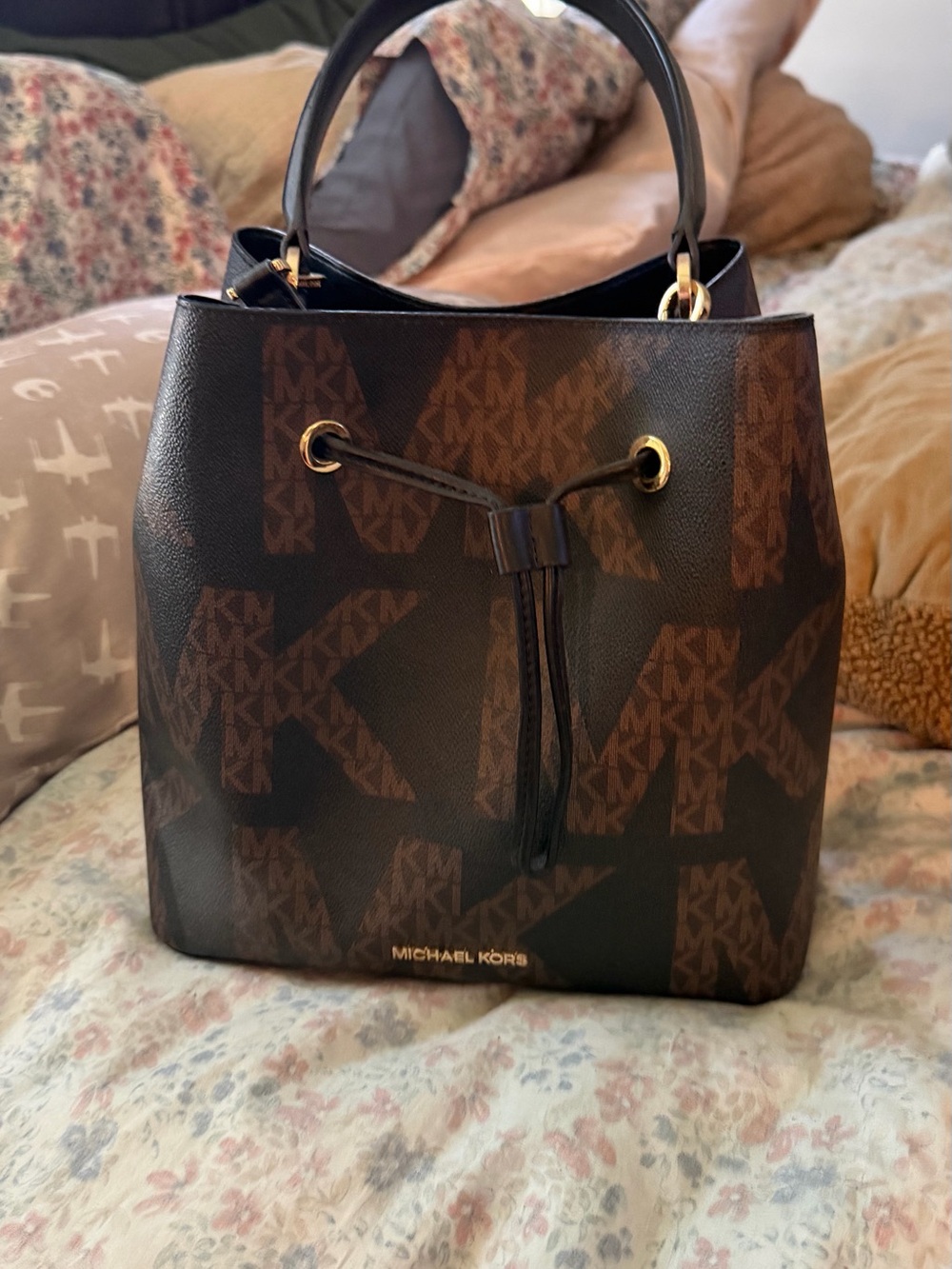 Michael Kors Brown and Black Logo Drawstring Bucket Tote